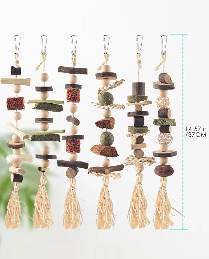 6PCS Bunny Chew Toys, Hamster Rabbit Cage Hanging Chew Toys, Natural Apple Wood Bunnies Treats, Improve Small Animal Teeth Health for Guinea Pig Chinchilla Ferret Rats Gerbil