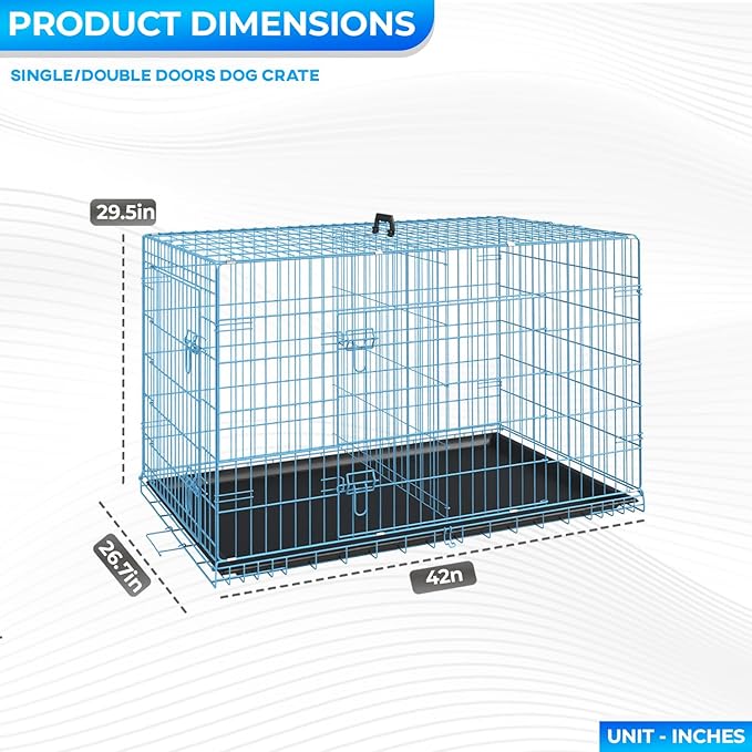 FDW Dog Crate for Large Dogs 42 Inch Folding Metal WirePet Cage Double Door W/Divider Panel Indoor Outdoor Kennel Leak-Proof Plastic Tray,Blue