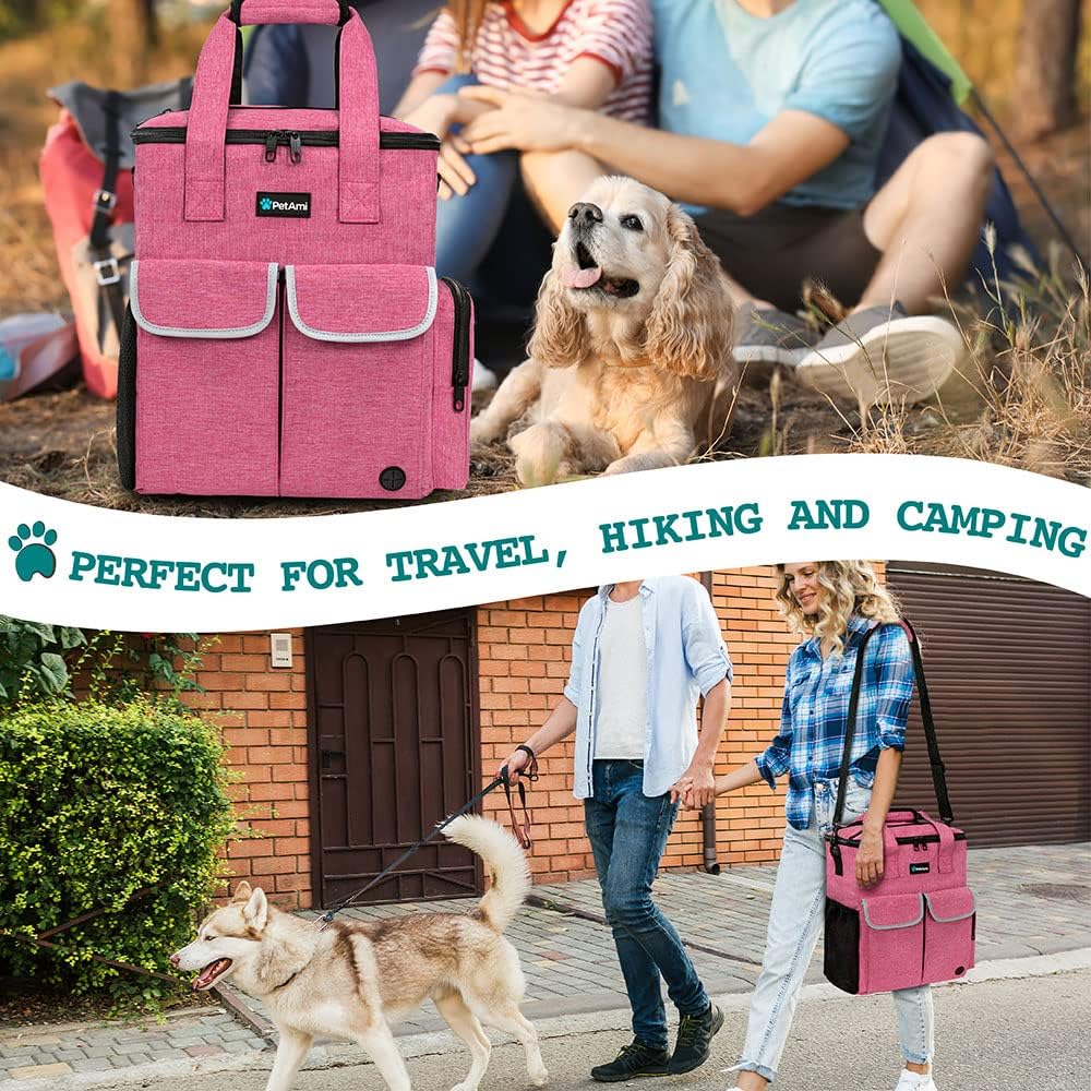 PetAmi Dog Travel Bag Pet Supplies Accessories Organizer for Traveling, Camping, Weekend; Cat Pet Travel Bag Kit Includes 2 Food Storage Containers, 2 Collapsible Bowls, 1 Feeding Mat (Pink)