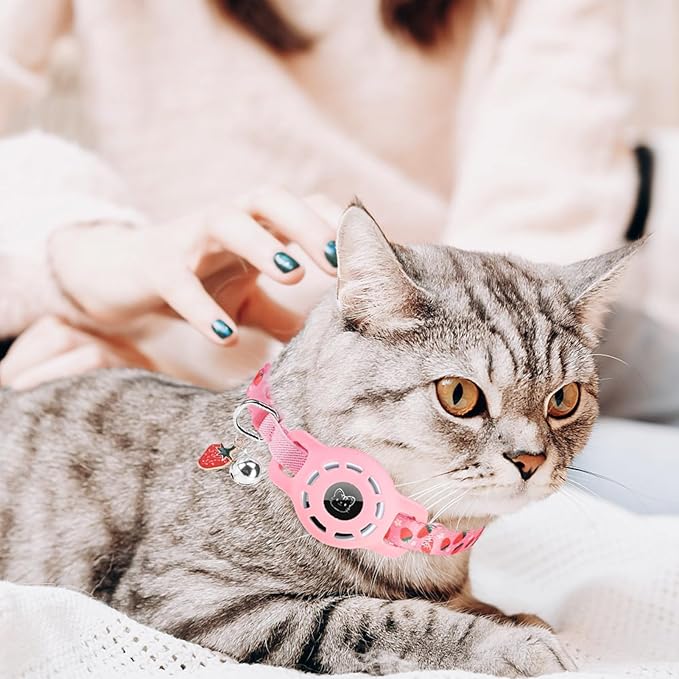 BINGPET AirTag Cat Collar with Bells, Upgraded Safety Elastic Cat Collar with Airtag Cat Collar Holder, Anti-Lost Cat Collars for Girl Boy Cats, Anti-Suffocation Kitty Puppy Collars