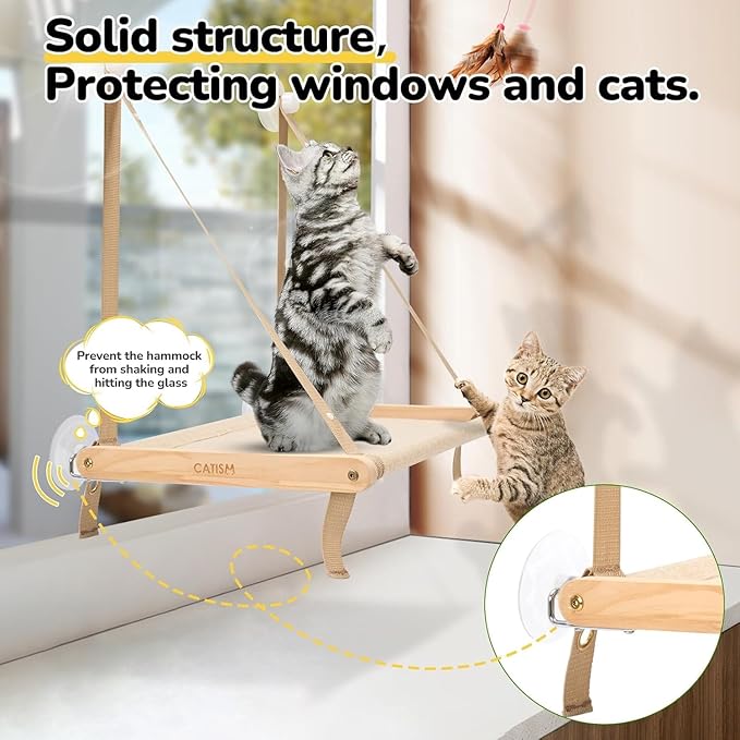 CATISM Cat Window Perch - Foldable Cat Hammock for Window, Soft Seat Machine Washable, Solid Wood Frame, 4 Suction Cups, Cats Window Hammock Load Weight Up to 40lbs
