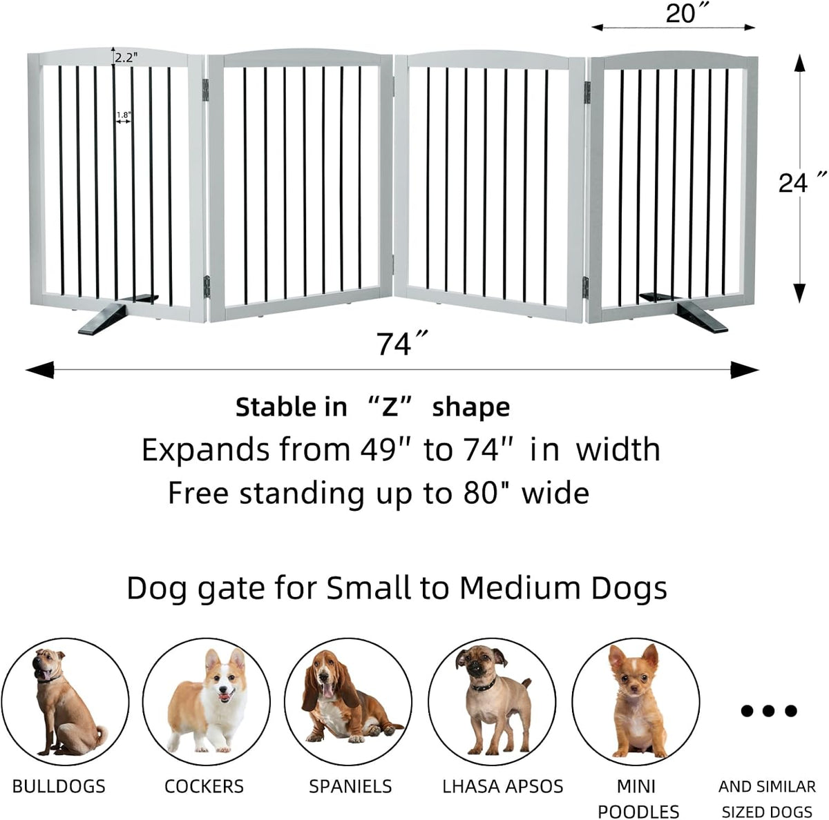 Freestanding Panel Dog Gate for Indoor, Doorways, Stairs, or Hallways - Foldable Wooden Pet Fence With Support Feet - 24" Height, 4 Panels, White