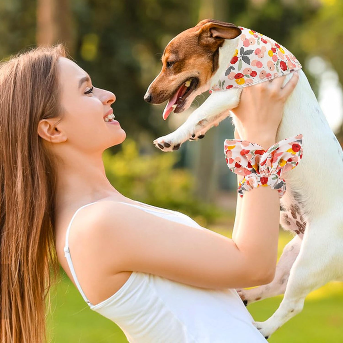 E-Clover Pink Floral Dog Bandanas & Matching Scrunchie Set Cute Dog Scarf Bibs Pet Bandana with Bow Tie for Medium Large Dogs Owner Mom Spring Summer