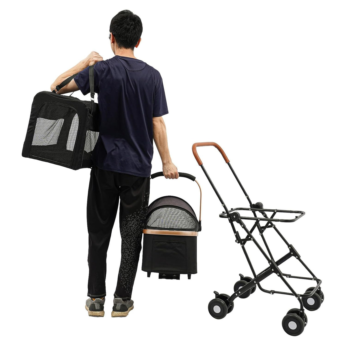 2-Layers Pet Stroller for 2 Cats/Dogs,Foldable Lightweight 77lbs Capacity Carrier, 4 Wheels, Removable Basket & Storage Pocket,for Small Pets (Black)