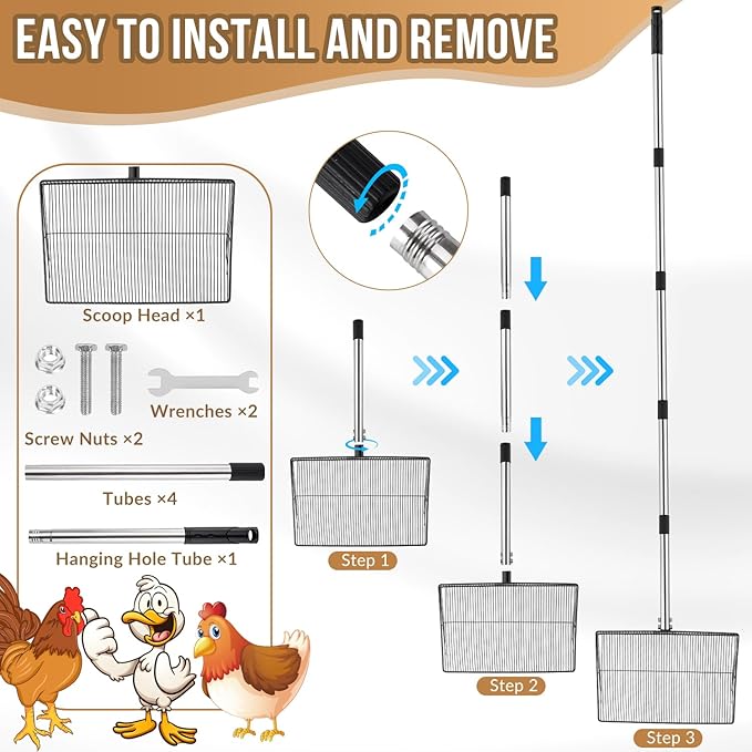 SlowTon 15-inch Large Chicken Poop Scooper - 5 in 1 Multifunctional Chicken Litter Scoop with 40 to 77in Stainless Steel Handle, Heavy Duty Chicken Coop Cleaning Tool Litter Sifting Shovel