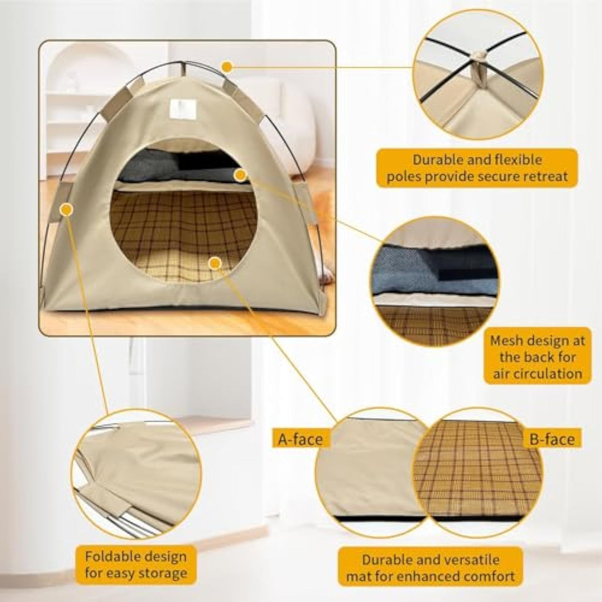 BreezyDen Pop-Up Pet Tent – Portable Indoor/Outdoor Cat Tent, Waterproof Pet Hideaway for Cats & Small Dogs with Mesh Window, Anti-Slip Base & Washable Design (White, M (8 catties Kitten))