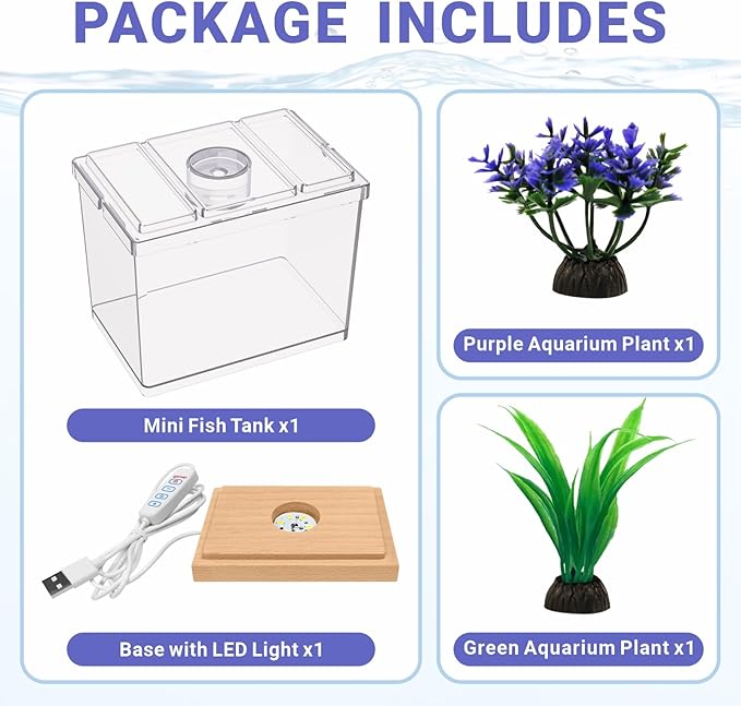 Mini Betta Fish Tank Kit with LED Light Base, Small Fish Bowl for Temporary Space, 0.2 Gallon Stackable Cube Tank with Artificial Plants for Small Fish, Insect, Shrimp, Crab, Spider (Kit-2)