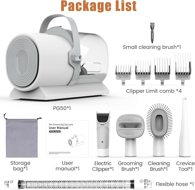 Dog Grooming Vacuum, Pet Grooming Kit with Dog Clippers, 2.5L Dust Cup 11000Pa Dogs Vacuum for Shedding Grooming, 5 Grooming Tools Home Cleaning in 1, Low Noise Pet Grooming Vacuum for Dogs, PG50