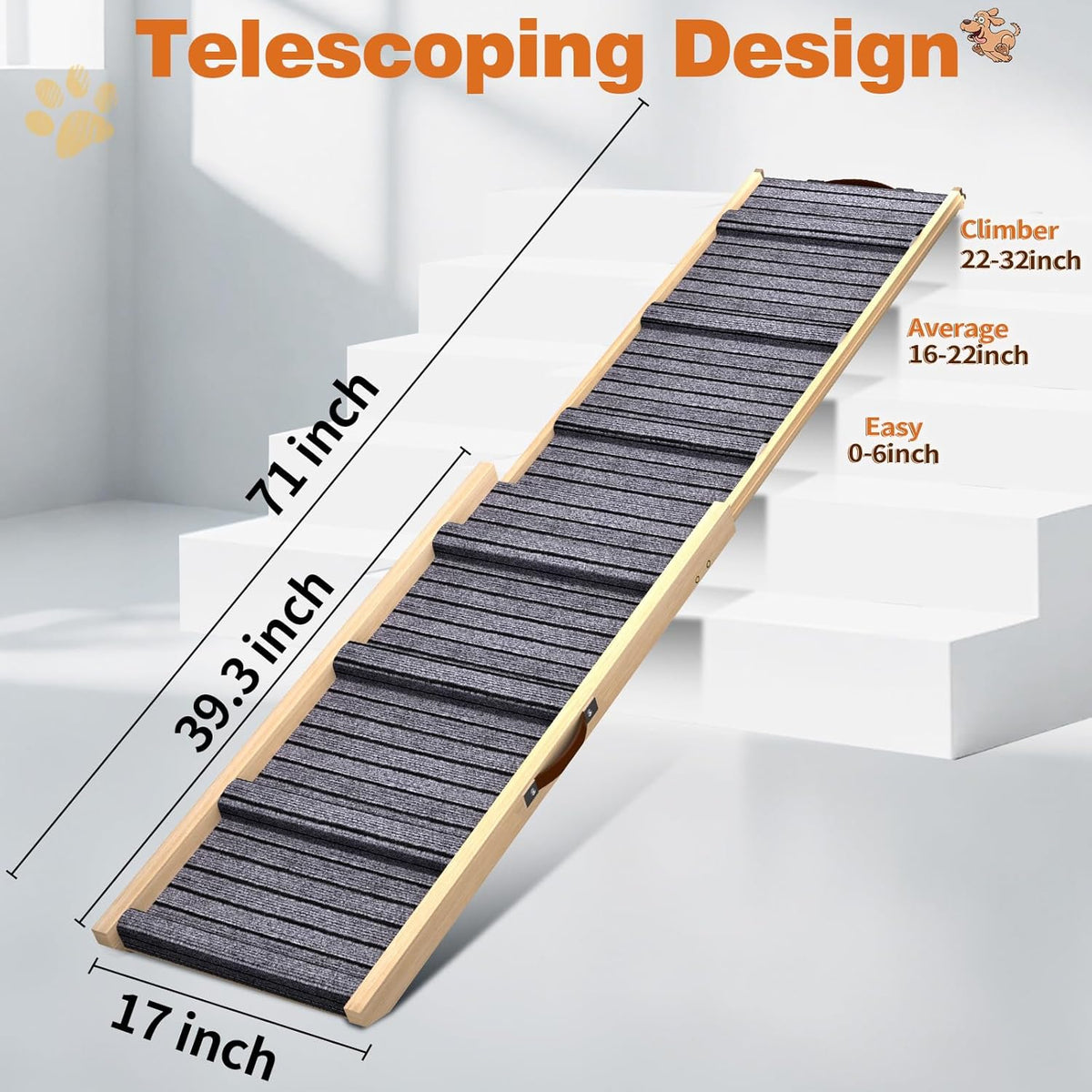 Dog Ramp for Car, 71''x 17'' Extra Long Deluxe Telescoping Design Wooden Pet Ramp, Pet Stair Ramps for Truck SUV with Non-Slip Surface, Portable Outdoor Dog Steps for Medium Large Dogs, Up to 250LBS