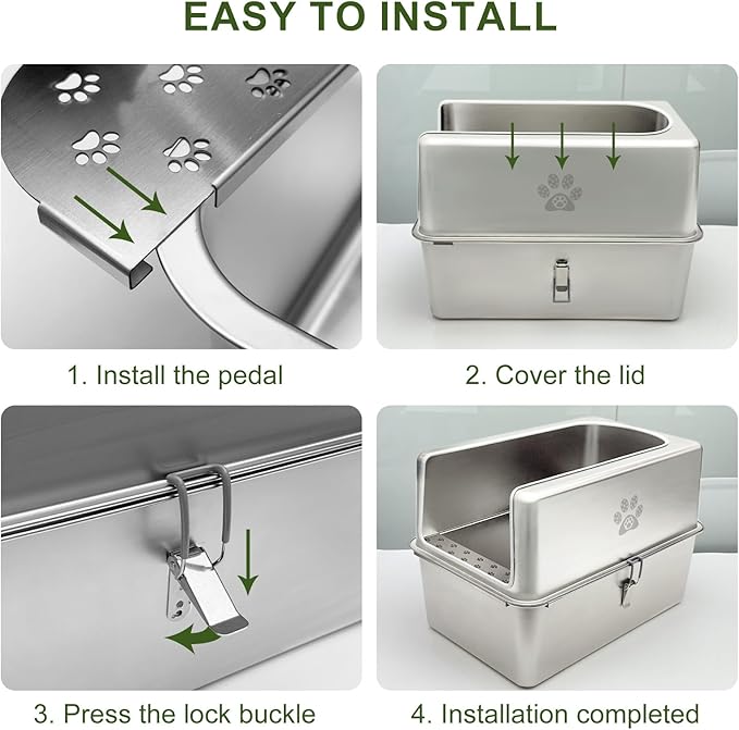 Enclosed Stainless Steel Cat Litter Box with Lid, XL Metal Litter Box for Big Cats, Extra Large Cat Toilet with High Side, Non-Stick, Anti-Leakage, Odorless, with Cats Litter Mat & Litter Scoop