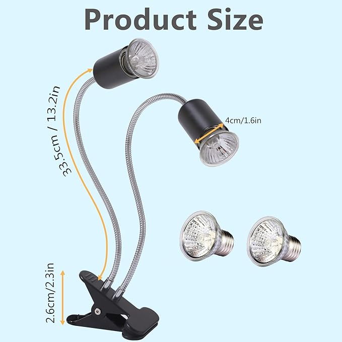 Reptile Heat Lamp with Dual Head, UVA UVB Light for Aquarium Turtle Tank, with 2 * 50w Basking Bulb and 360° Swivel Clamp Stand for Tortoise, Snake, Frog, Lizard. Halogen, Yellow Light