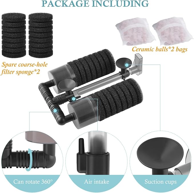 Air Powered Aquarium Sponge Filter with Biochemical Sponge and Ceramic Balls, Quiet Submersible Fish Tank Filter for 15-40Gallon (L-8.7in)