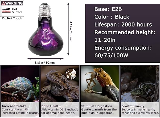 60W Reptile Night Light Bulb, UVA Heat Lamp - Simulate Natural Moonlight, Purple Basking Lamp for Bearded Dragon, Lizard, Snake, Chameleon & Amphibians, Ideal for Aquariums Tanks|Pack of 2
