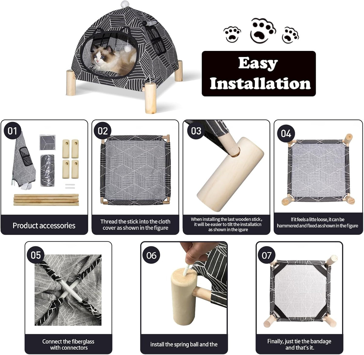 2-in-1 Elevated Cat Tent Cat House, Quick Assembly and Disassembly, Portable Indoor/Outdoor Cute Cat Bed Cave-Black Diamond Pattern