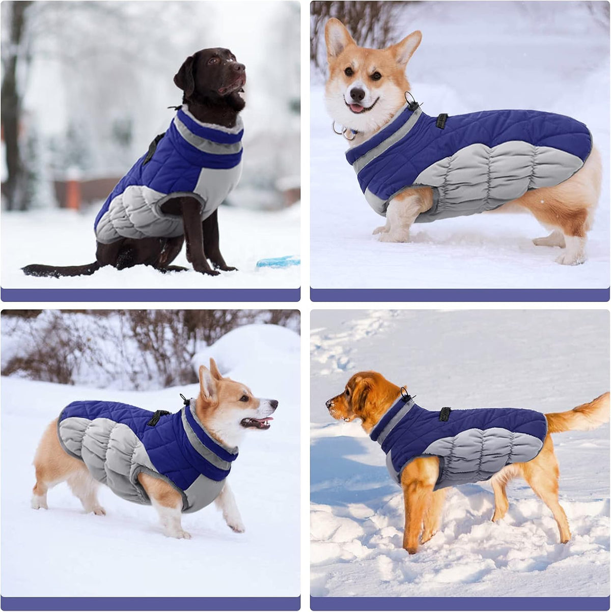 FUAMEY Dog Coat for Large Dogs,Waterproof Dog Winter Jacket with Harness Built in Puppy Cold Weather Coats Reflective Pet Vest with Zipper Warm Fleece Dogs Snowsuit Windproof Blue L