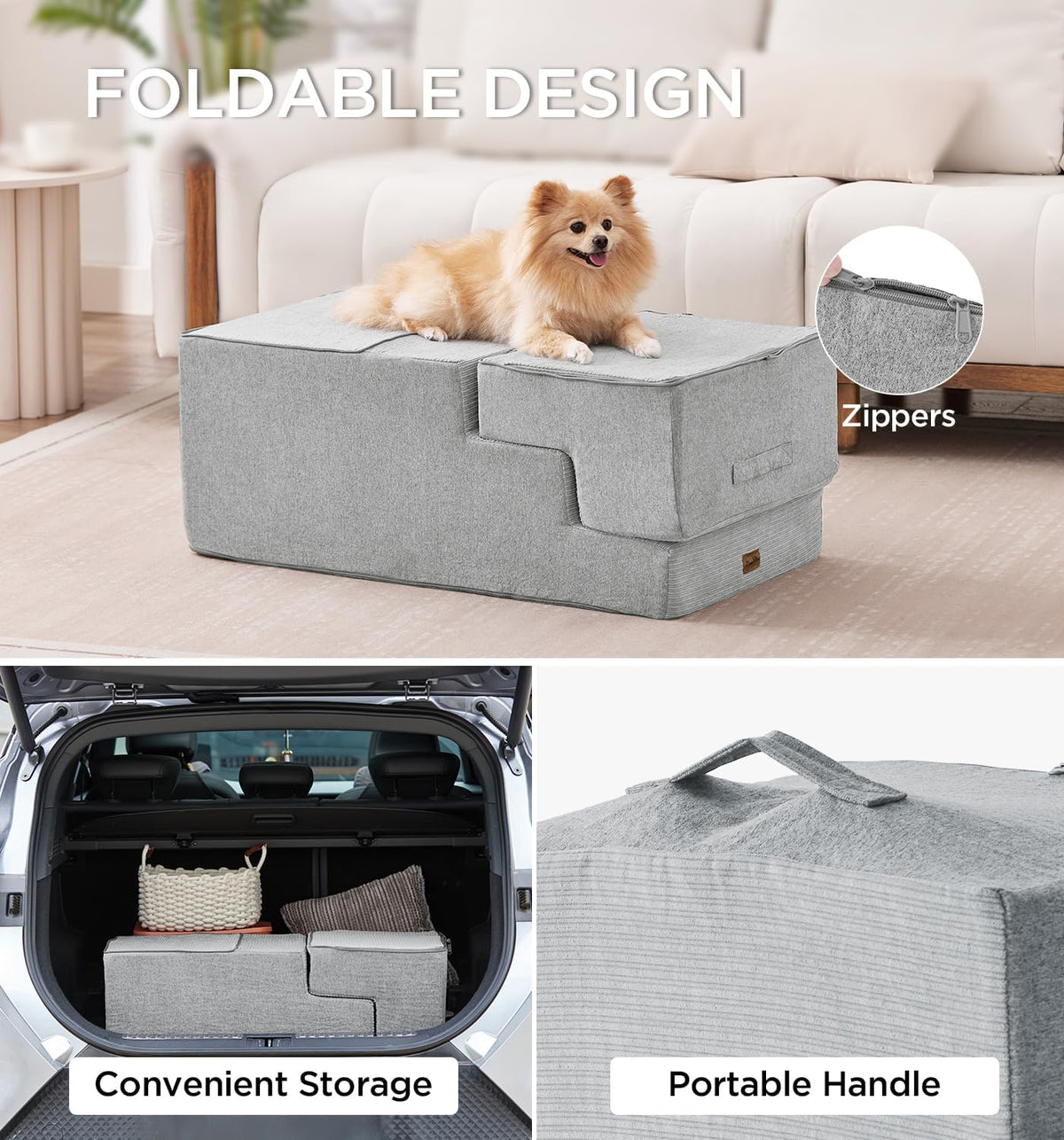 Made4Pets Dog Steps for Bed, Extra Wide Dog Stairs for High Bed Couch Sofa, 35D Foam Pet Steps for Small Dogs and Cats, Non-Slip Bottom Pet Stairs, Light Grey, 4 Steps