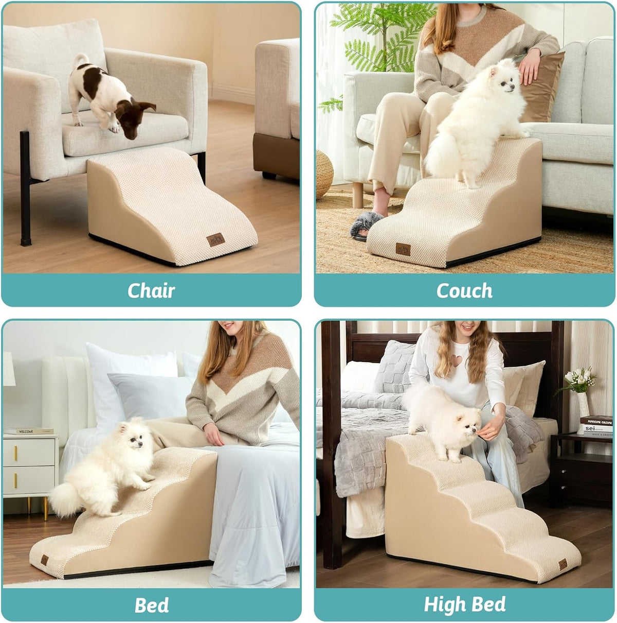 Dog Stairs for Small Dogs 11.8" H, Pet Step with Leakproof Cover, High Density Foam Cat Ramp for Chair or Sofa, Lightweight, Durable, Comfort, 15.7x19.7x11.8 inch, 2 Tiers, Beige