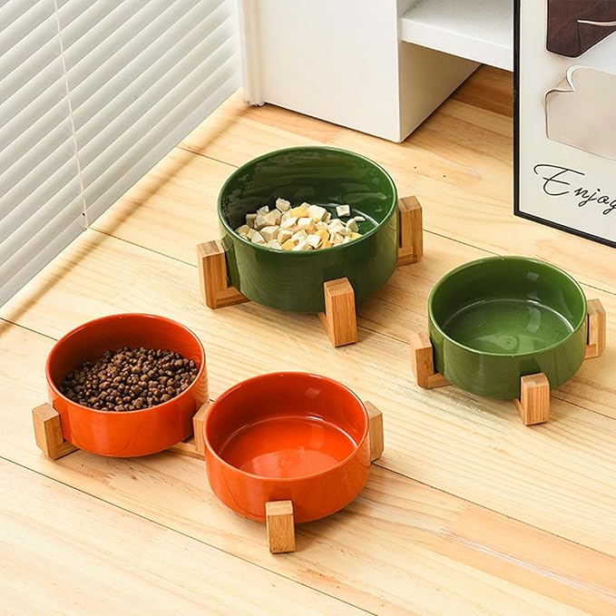 Petygooing Dog Bowls,Ceramic Cat Dog Bowl Set with Wood Stand for Food and Water,Non-Slip Cute Modern Pet Dish for Cats Small Size Dogs Puppy (13.5OZ/5.1 in) Rust Red