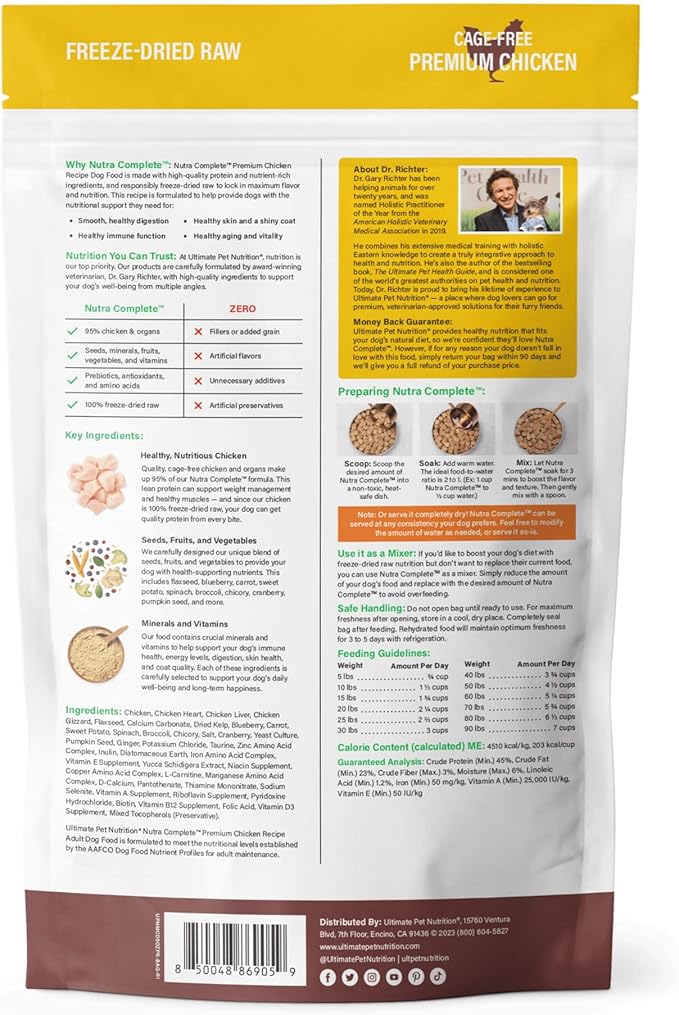 ULTIMATE PET NUTRITION Nutra Complete Freeze Dried Raw Dog Food, Veterinarian Formulated with Antioxidants, Prebiotics & Amino Acids (5 Ounce, Chicken)