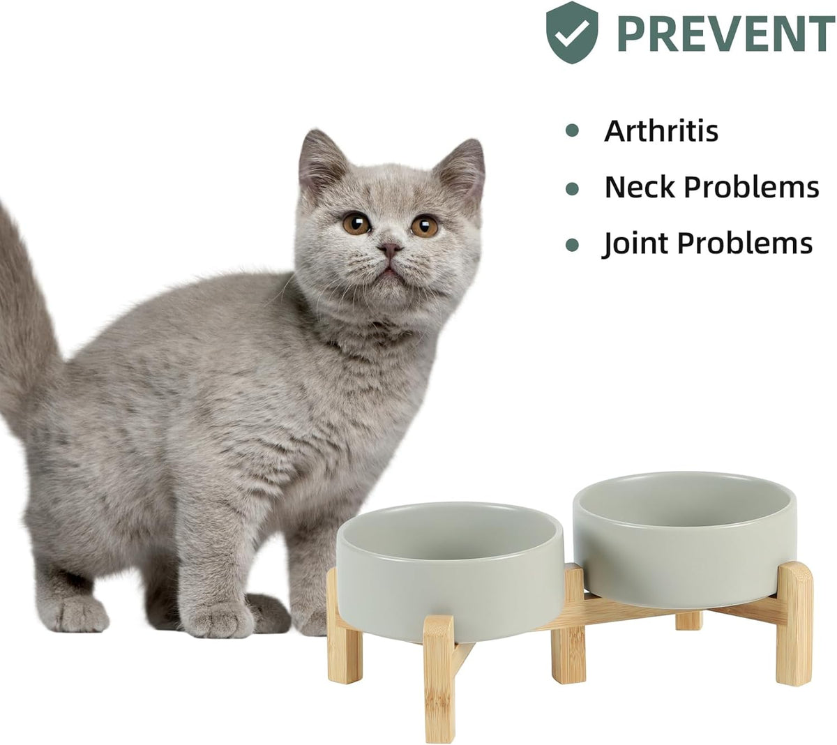 Ceramic Raised Double Bowls Set with Stand, 2 Heights Elevated, Food & Water Bowls for Small Breed Dogs, Cats, Kitty, Weighted Dog Dishes, Pet Bowls(5.1'',13.5oz, Grey)