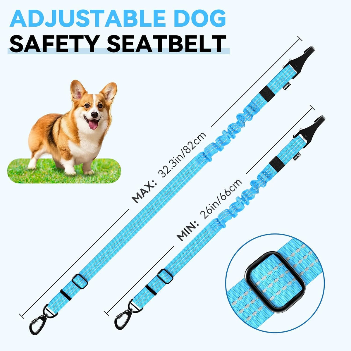 Pawaboo Dog Seatbelt for Car, 3-in-1 Dog Seat Belt Bungee, Shockproof Dogs Tether for Car with Buckle & Hook Latch, Adjustable Reflective Dogs Cars Harness Leash with 360° Lockable Buckle, Blue