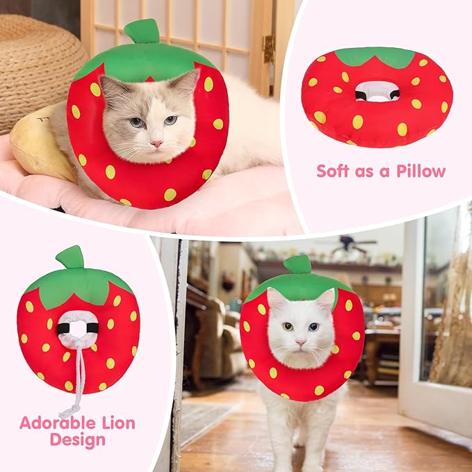BEAUTYZOO Cat Cone Collars Soft, Cat Recovery E Collars After Surgery to Stop Licking, Adjustable Elizabeth Circle Collar Cute Pet Donut Pillow for Cats Kitten Small Dogs,Strawberry S