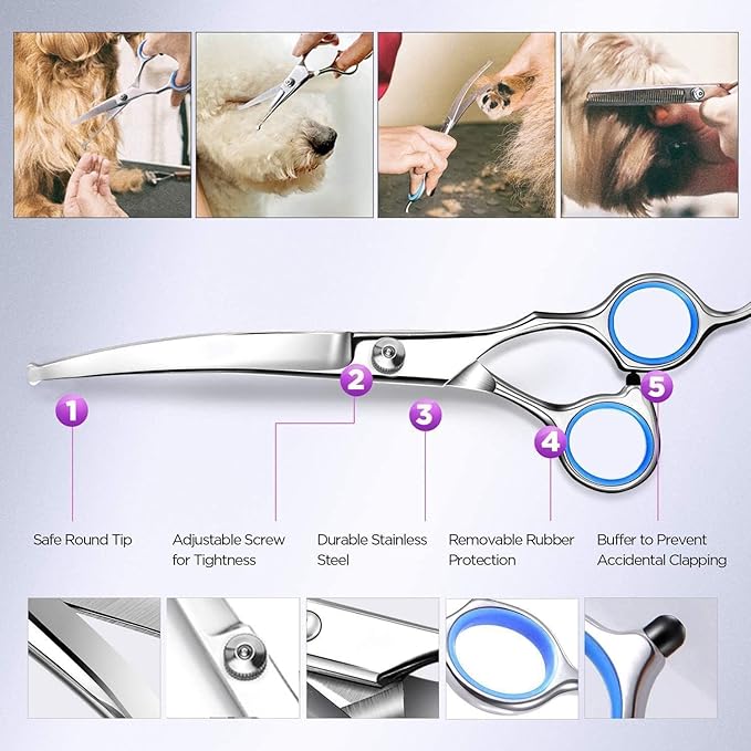 Maxshop Dog Grooming Scissors - 5 Pack Professional Titanium Stainless Steel Dog Scissors Kit Hair Cutting Thinning Shears for Dogs and Cats Heavy Duty Pet Grooming Scissors Set