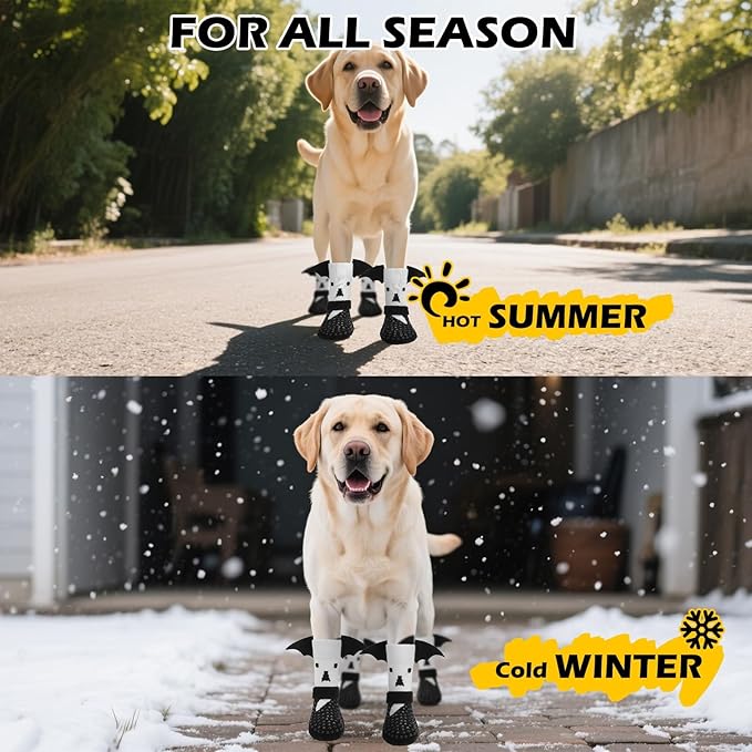 EXPAWLORER Halloween Anti Slip Dog Socks to Prevent Licking Paws, Boots & Paw Protectors with Grippers,Doggie Booties for Hardwood Floors for Small Medium Large Senior Dogs Costume White Ghost Wings L