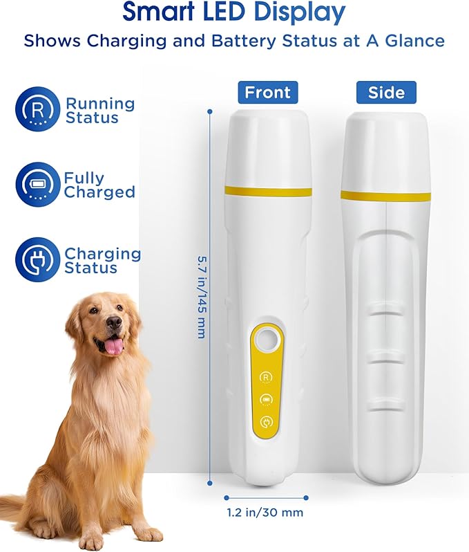 Dog Nail Grinder with Enhanced LED Light – Super Quiet, 2-Speed, USB-C Rechargeable, LED Smart Display, 3 Grinding Options, Pet Nail Trimmer for Dogs Cats and All Pet Sizes