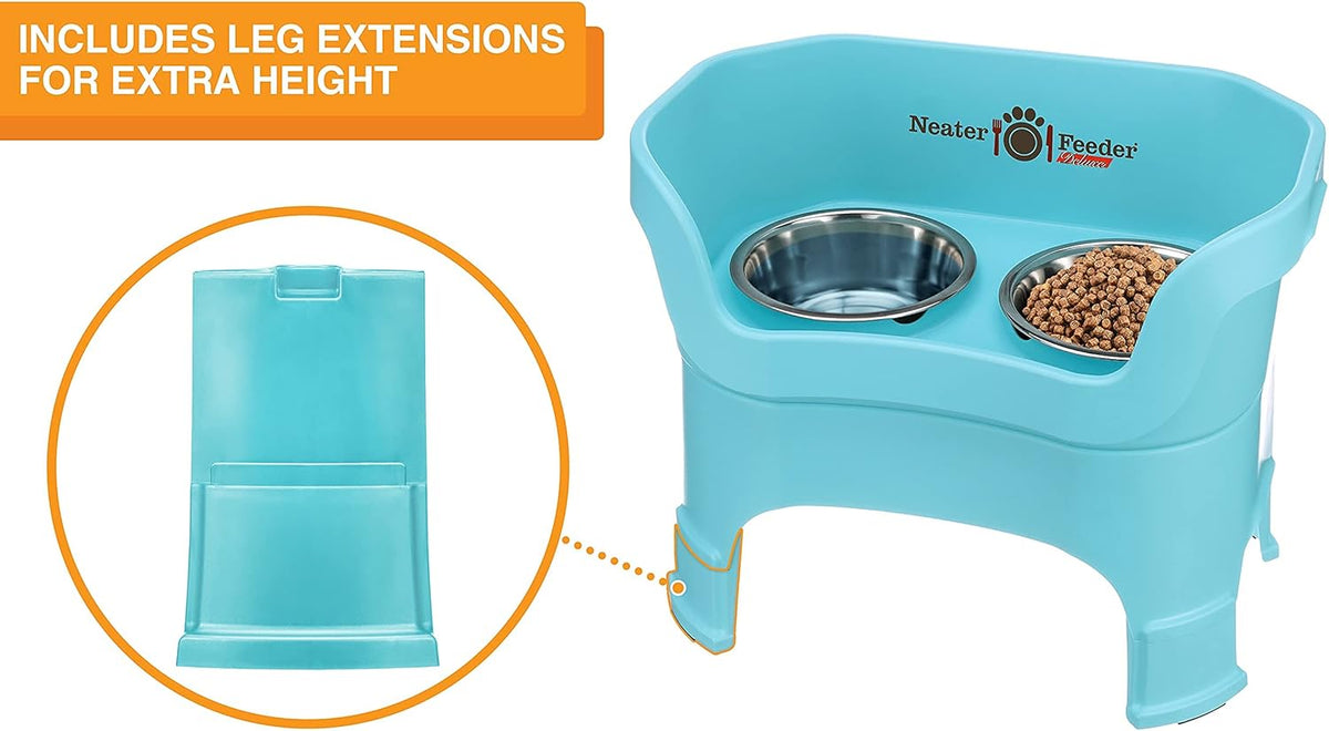 Neater Feeder Deluxe Mess Proof Dog Bowls Elevated for Large Dogs – Made in USA – No Spill Raised Dog Food Bowl Stand w/Leg Extensions – Stainless Steel Dog Food and Water Bowl Set – Teal