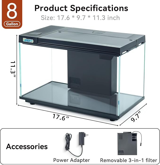 8 Gallon Aquarium Kit Featuring Real-Time Temp Display, Adjustable Flow Pump, Bottom Storage, Multi-Position Filter & 6 Light Modes - Complete Fish Tank Starter for Betta or Goldfish
