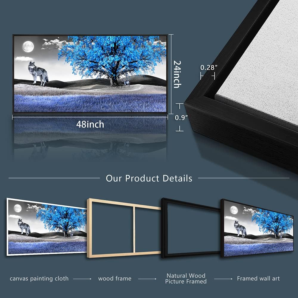 Frame Canvas Wall Art For Living Room Family Wall Decorations For Bedroom Modern Office Wall Decor Paintings Blue Tree Landscape Pictures Artwork Canvas Art Prints Home Decor Black Framed 24" X 48"