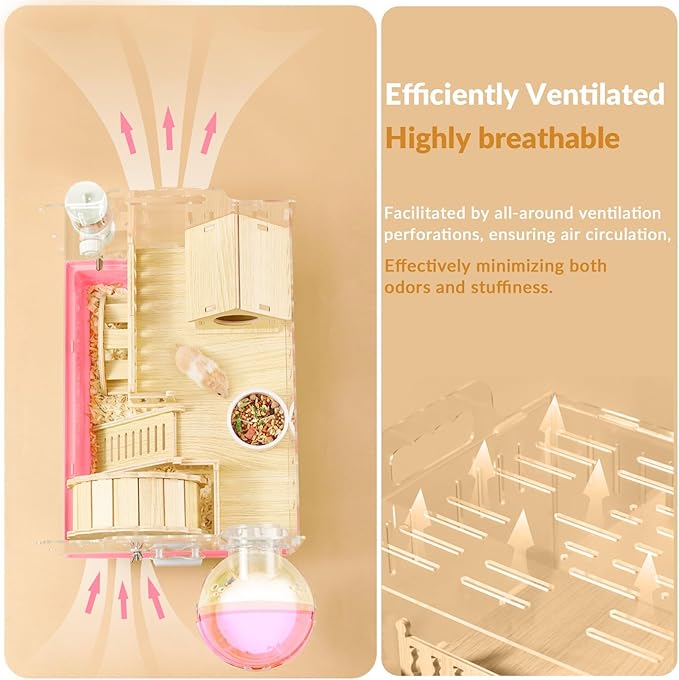 Cycodo 8 in 1 Acrylic Hamster Cage,2-Tier Dwarf Hamster Cage with Wooden Wheel & Hideout,Small Hamster Habitat with Accessories,Clear Pet Mice House(Pink,14" L*10" W*11" H)