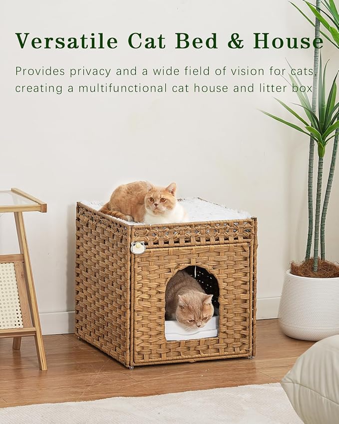 Cat Beds for Indoor Cats Extra Large Double Cat Cave Pet Cube, Handwoven Rattan Cat Houses with Double-Sided Soft Cushions, 18.5 x 20.5 x 19.1 Inches Foldable Hideaway in Living Room Natural