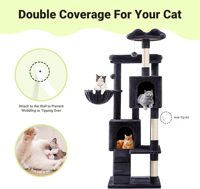 Allewie 64 Inches Cat Tree Tower/Multi-Level Activity Center for Indoor Big Felines/2 Plush Condos/2 Perchs/Basket/House/Sisal Scratching Posts/Hanging Cat Toys/Dark Grey