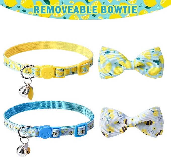SCENEREAL Breakaway Cat Collar with Bell, 2 Pack Safety Adjustable Cat Collars with Pendant, Personalised Puppy Kitten Collar with Bow for Spring Summer Boys Girls, Lemon Bee