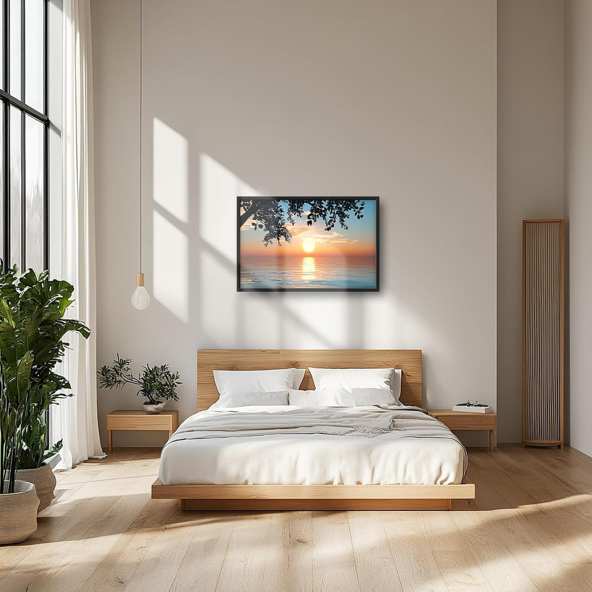 Framed Large Lake Sunset Wall Art, Oversized Natural Landscape Wall Decor for Living Room, Tree Leaves Canvas Painting Pictures Home Decoration for Living Room Bedroom Office 36"x24"