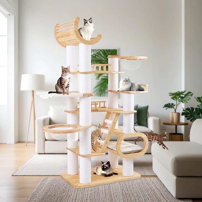 82.7'' Large Cat Tree, Modern Cat Tower with Scratching Post, Luxury Cat House, Wood Cat Tree for Indoor Cats Large Adult, Multi-Level Activity Center with Hammock, Clear Bowl, Semi-Closed Condo