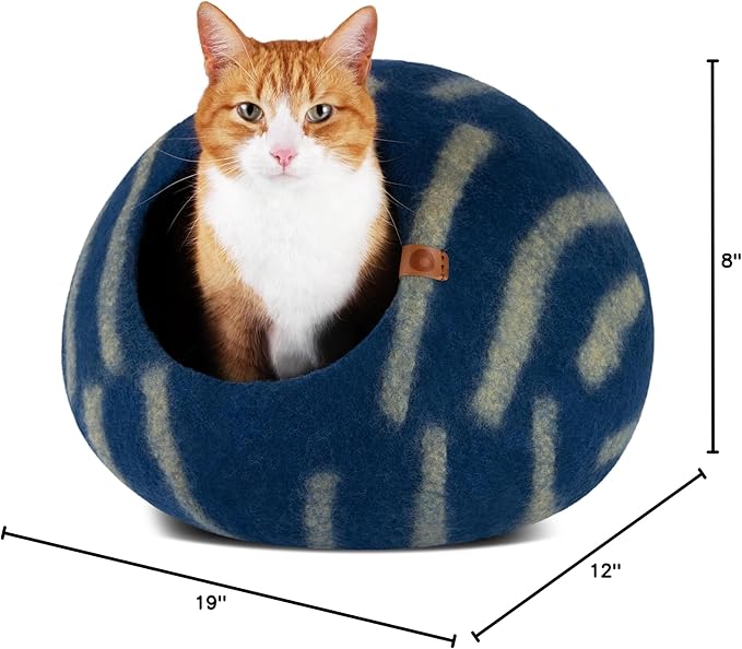 MEOWFIA Cat Cave – Premium Felt Cat Bed for Indoor Cats, Handmade 100% Merino Wool (Large, Deep Azure)