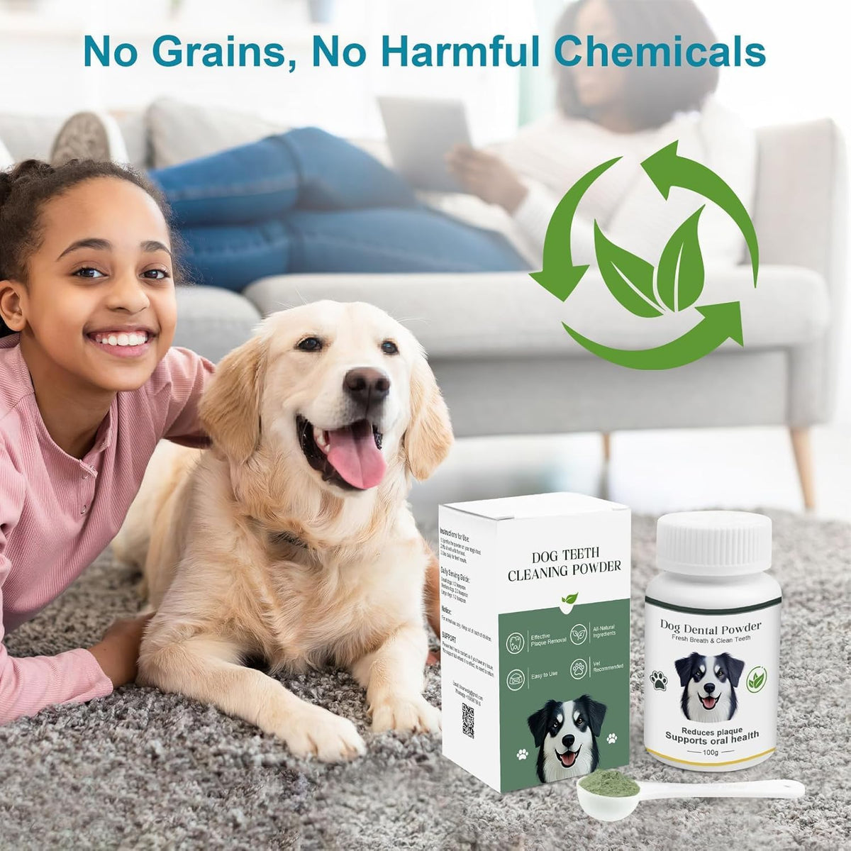 Dog Teeth Cleaning Powder 100g Fights Plaque & Tartar Freshens Breath All-Natural Ingredients for Dogs of All Breeds and Ages Easy to Use Dog Dental Powder
