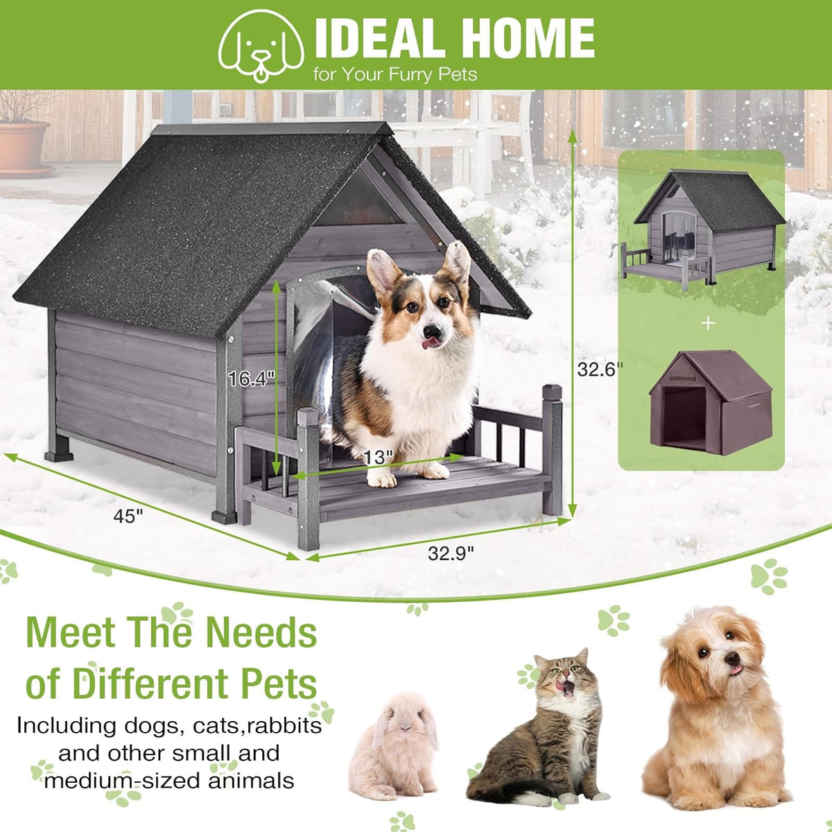 Metal Frame Dog House with Insulated Liner for Indoor & Outdoor Use - Large Dog Kennel with Weatherproof Roof & Foot Pads for Small, Medium & Large Dogs(Grey)