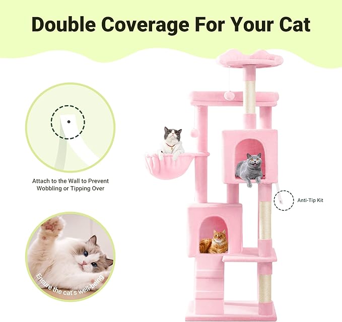 Allewie 64 Inches Cat Tree Tower/Multi-Level Activity Center for Indoor Big Felines/2 Plush Condos/2 Perchs/Basket/House/Sisal Scratching Posts/Hanging Cat Toys/Pink