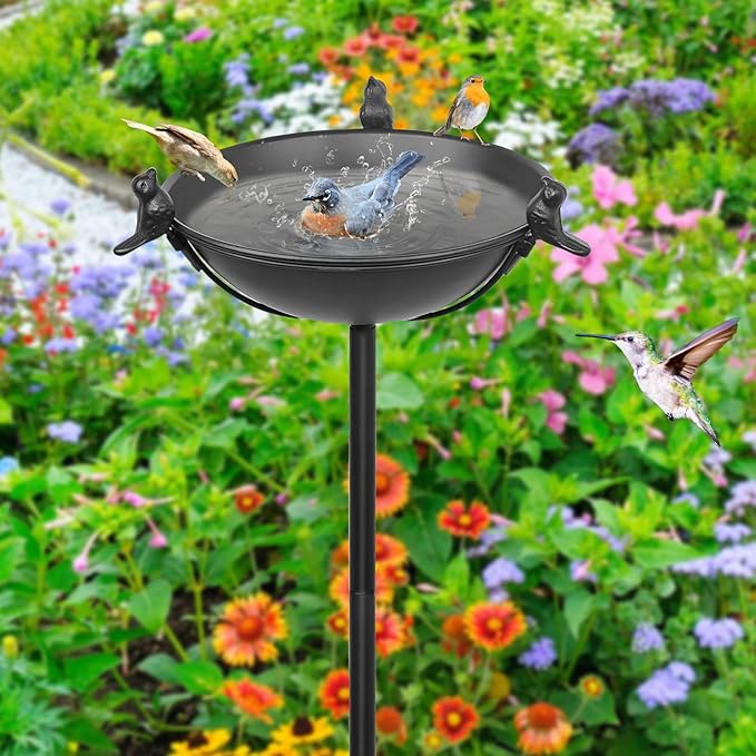 58In Freestanding Birdbaths Bowl Outdoor, Standing Garden Bird Bath Feeder Bowl with 3 Bird Statues, Birdbath & Birdfeeder with Metal Stake Garden Yard Lawn Decor (Black)