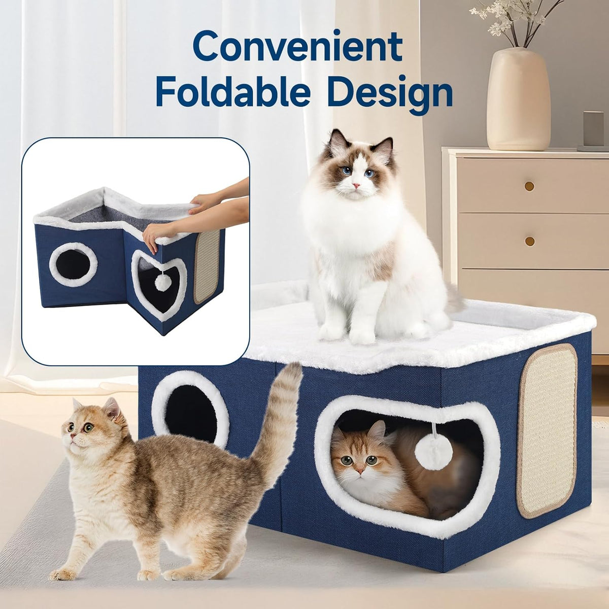 Cat Beds for Indoor Cats, Extra Wide Cat Cube House for Multi Cats, Foldable Cat Cave Hideaway with Arc-Edge Design & Oval Door, Double-Side Soft Cushion for All Seasons, 24"L x 17.7"D x 12.6"H, Blue