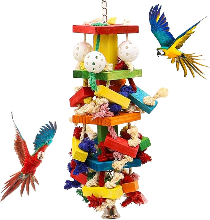Interactive Parrot Toys for Large Birds, Cockatoo, Cockatiel, and Parakeet Toys, Original Wooden and Natural Material, Fun Durable and Eco-Friendly Bird Cage Toy
