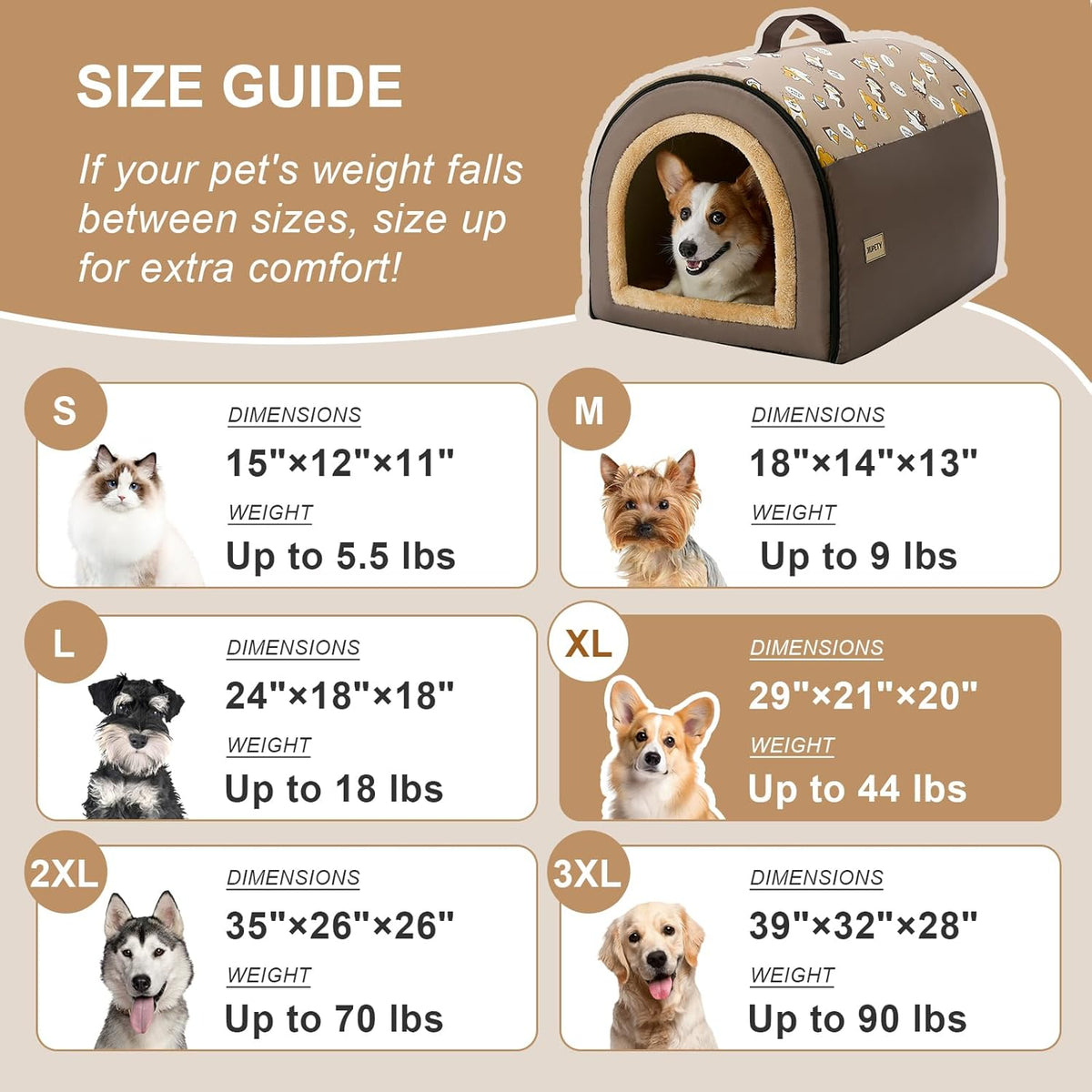 Jiupety Indoor Dog House, 2-in-1 Portable Foldable House Bed with Cover, Pet Tent & Cave Bed for Medium Dogs, XL(29"×21"×20"), Up to 44 Lb, Brown