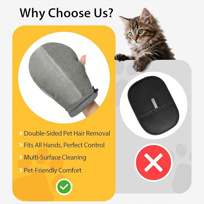 HEYWEAN Double Sided Pet Hair Removal Gloves Brush Reusable Dog Cat Electrostatic Hair Remover with Silicone Brush for Bathing Grooming Glove Tool 1 Pcs (PetHair-R1)