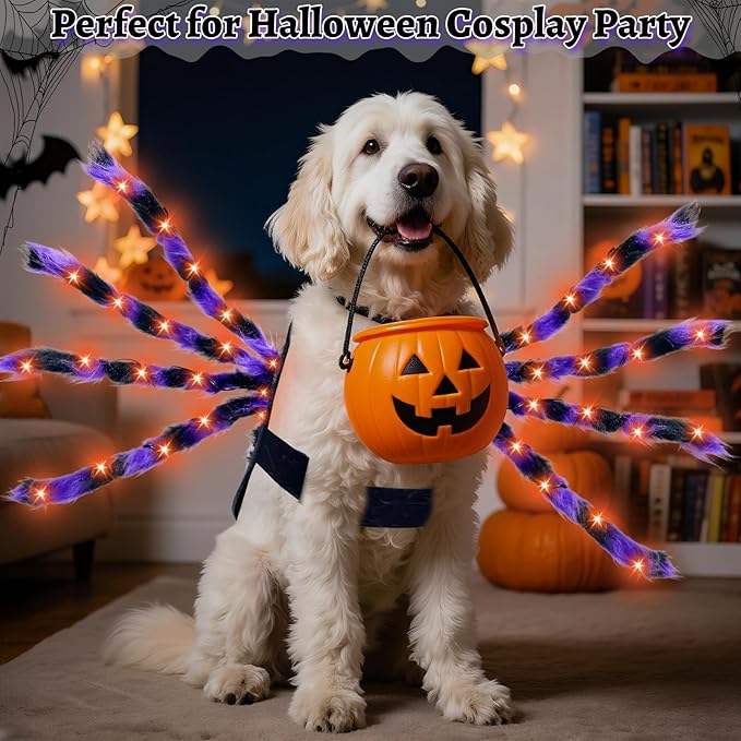 Camlinbo 24 LED Spider Dog Halloween Costume for Small Medium Large Dogs, Furry Spider with LED Lights Puppy Pet Costume Outfits Clothes Funny Halloween Costume Party Cosplay