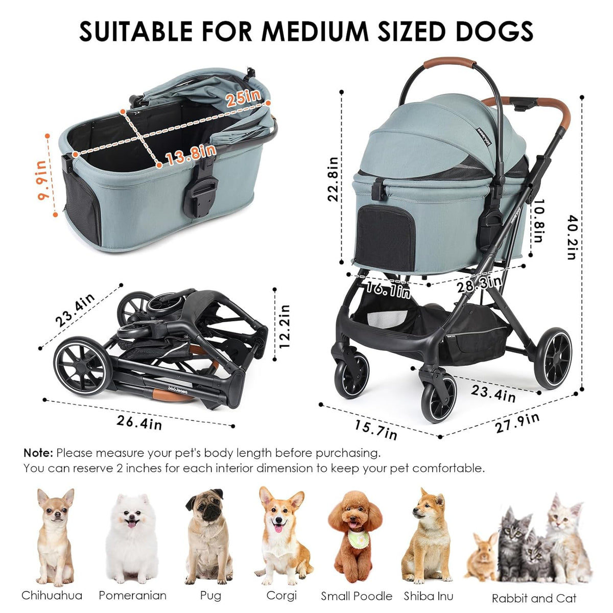 T6 Luxury Pet Stroller for Medium Dogs Up to 66lbs or 2 Small Pets – 3-in-1 Dog & Cat Stroller with Removable Carrier, Foldable & Lightweight (Green)