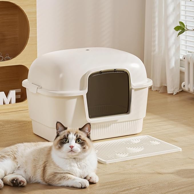Cat Litter Box with Litter Mat and Scoop,High Wall Enclosed Cat Litter Boxes for Anti-Leakage, Covered Kitty Litter Box with Handle and Buckles for Portability and Privacy, Odor Control (White)